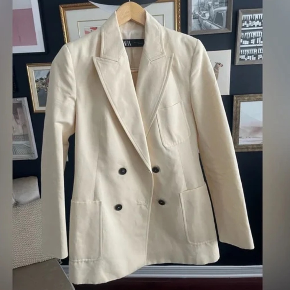ZARA Cotton Linen Blazer Off White Cream - Size Small